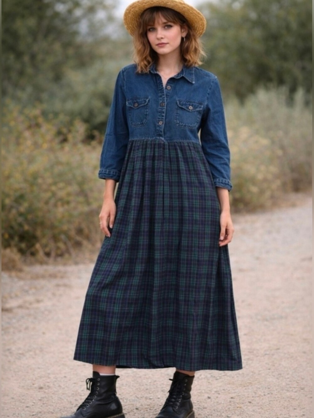 Vintage Studio Ease Modest Midi Dress Denim Plaid Pockets Tie Back Size Medium